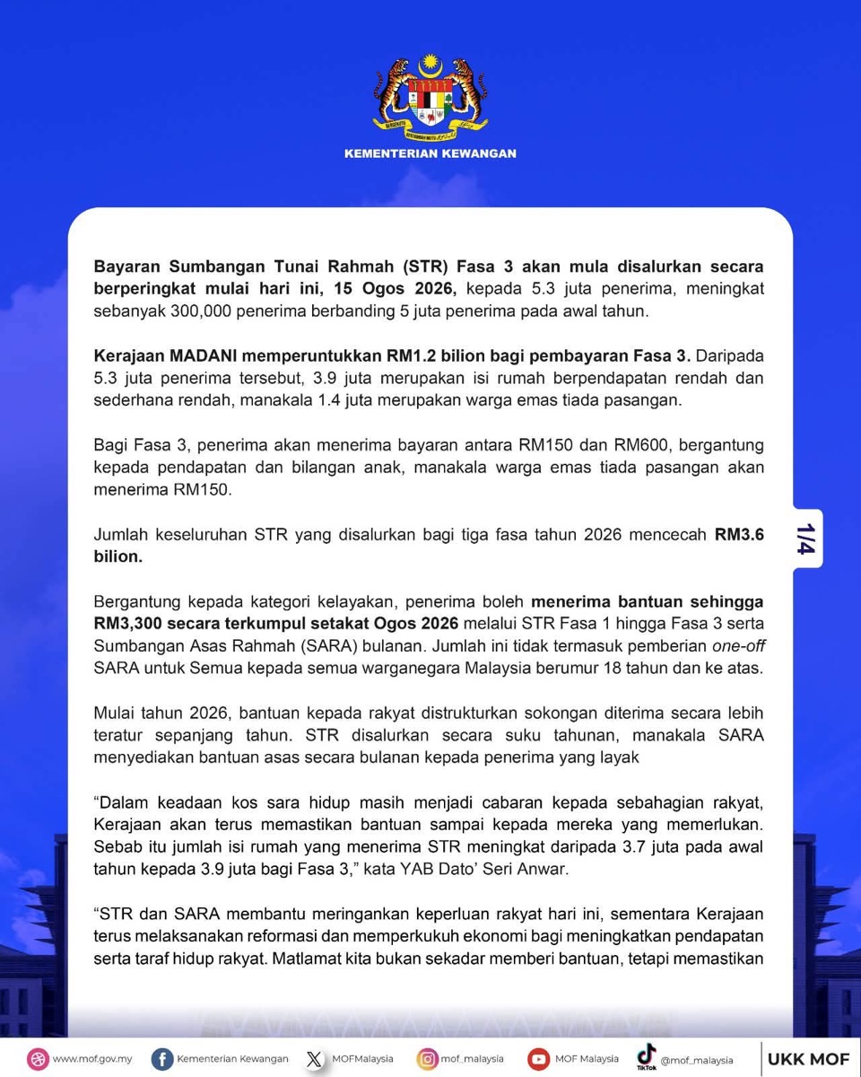 Kenyataan media rasmi Kementerian Kewangan mengenai bayaran STR Fasa 3 2026 mulai 15 Ogos 2026